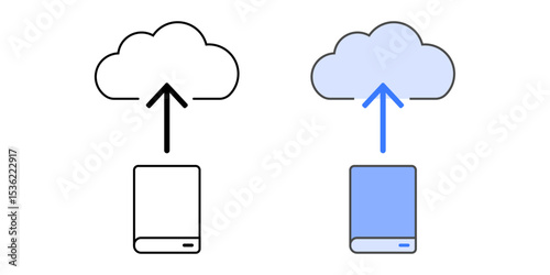 Cloud migration icon with an arrow moving from a hard drive into a cloud, in outline and color styles, ideal for illustrating data backup and cloud infrastructure transfer.