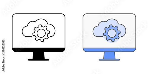 Virtual machine icon with a monitor, cloud, and gear in outline and color styles, perfect for illustrating cloud-based computing and virtualization systems.