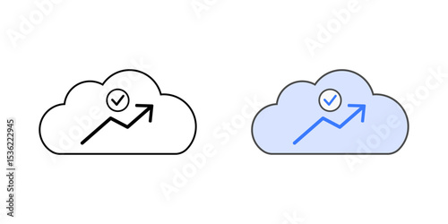 Uptime monitor icon with a graph and check mark inside a cloud, shown in outline and color styles, perfect for monitoring cloud service availability and performance.