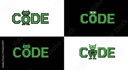 Pixel art code robot programming coding developer software engineering ai machine learning tech design 8bit retro editable stock vector illustration