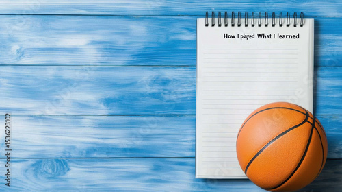  basketball rests next to a spiral notebook with the title 