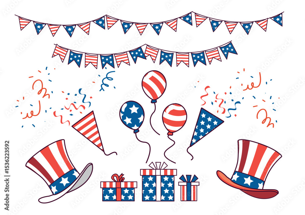 Obraz premium Colorful decorations featuring balloons, hats, gifts, and banners in red, white, and blue for a festive patriotic celebration event.