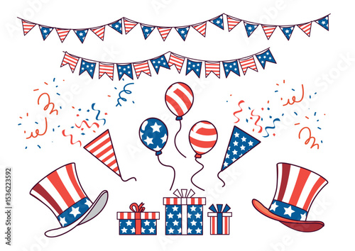 Colorful decorations featuring balloons, hats, gifts, and banners in red, white, and blue for a festive patriotic celebration event.
