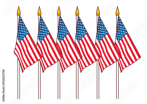 Row of American flags proudly displayed on poles, featuring red and white stripes and blue fields filled with white stars, symbolizing patriotism and unity.