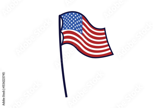 Single American flag waving on a pole, featuring bold red and white stripes along with a blue field of white stars, symbolizing national pride and freedom.