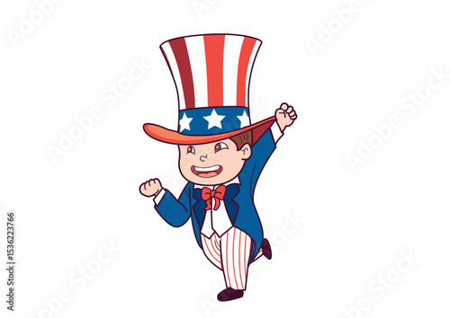 Cheerful cartoon character wearing a tall, striped patriotic hat and a blue jacket, joyfully celebrating with a raised fist, exuding American pride and happiness.