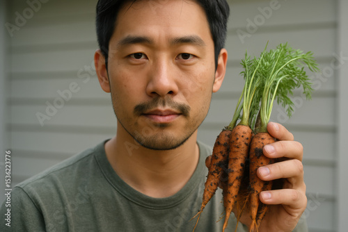 Man holding freshly harvested carrots with soil outside, emphasizing organic gardening, healthy lifestyle, and homegrown vegetables