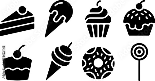 Vector sweets desserts icons set cake ice cream cupcake donut lollipop confectionery bakery food 100 editable stock vector illustration