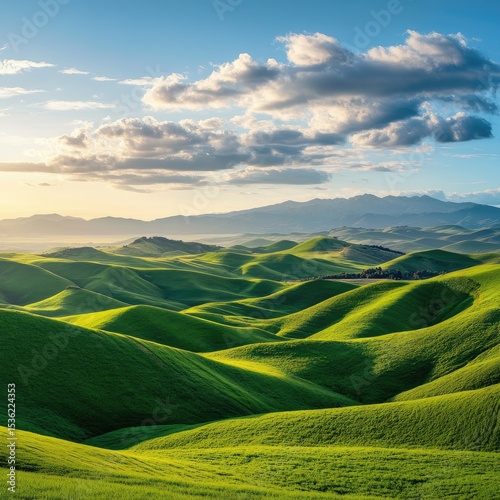 Rolling green hills under a vibrant sky at sunset