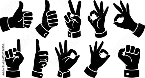 Hand gestures vector set illustration thumbs up ok victory fist point finger isolated on white background editable stock vector illustration