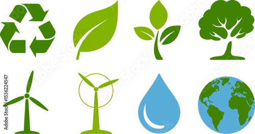 Eco friendly sustainability environment renewable energy resources recycle green earth nature conservation icon set editable stock vector illustration