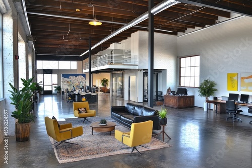 Open-plan office space with exposed beams and modern furnishings