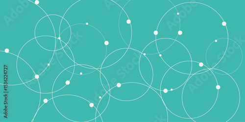 Abstract vector illustration with overlapping circles, dots and dashed circles. Science and connection concept. Wide molecule structure background.