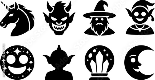 Vector fantasy icons set unicorn devil wizard elf moon crystal ball goblin star face for design 100 editable stock vector illustration