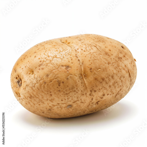 Potato tuber presents itself on a clean white surface naturally showing its texture