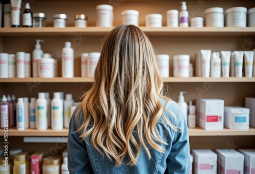 Woman with Long Blonde Hair Browsing Beauty Products on Shelves in Store