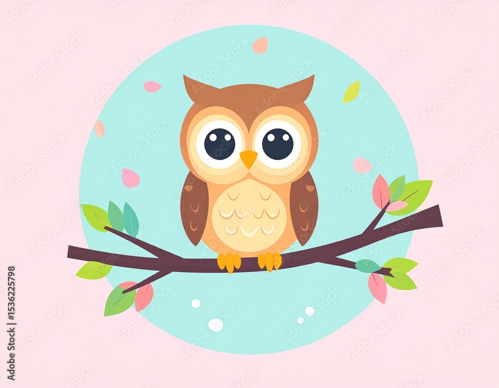 Fototapeta premium A cute cartoon owl with big eyes sitting on a branch in pastel colors.