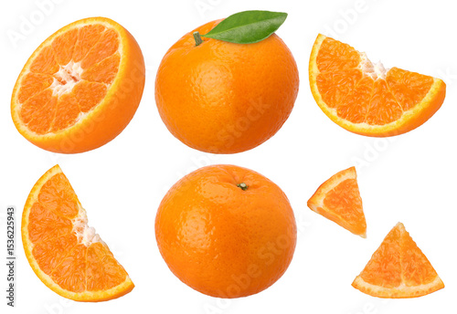 Group of orange fruit with leaves, slices and half isolated,  transparent PNG, collection, PNG format, cut out