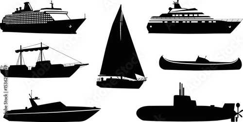 Boats ships yachts vector silhouette collection of maritime transport cruise sailboat and submarine icon editable stock vector illustration