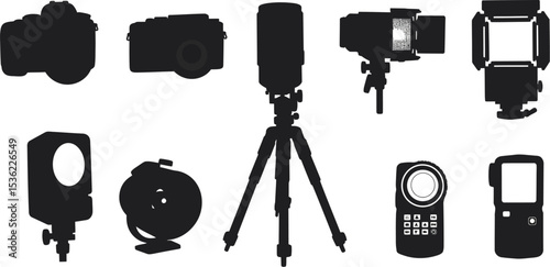 Photography equipment silhouette: camera lens tripod flash light remote studio tools vector art editable stock vector illustration