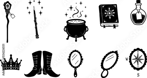 Vector illustration of witchy elements cauldron potion wand book crown boots mirror and compass set 100 editable stock vector illustration