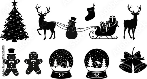 Christmas vector silhouettes tree reindeer snowman sleigh bells stocking gingerbread snowglobe holiday editable stock vector illustration