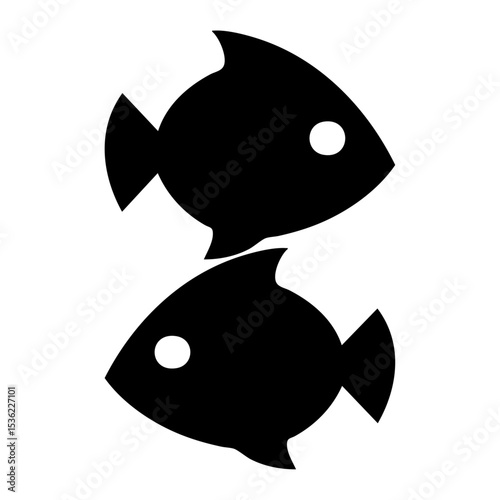 A depiction of two stylized black fish silhouettes stacked vertically on white space
