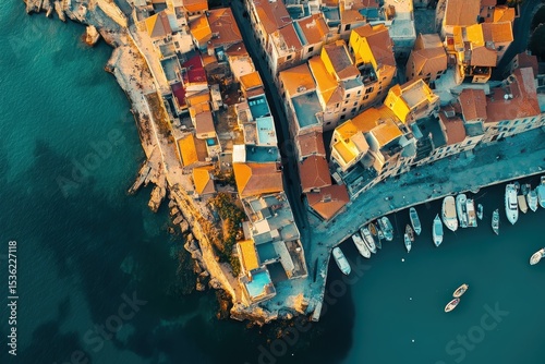 Aerial view of Chinese old city harbor showing colorful buildings and boats at sunset, Chania Crete island old city harbor aerial view Beautiful architecture