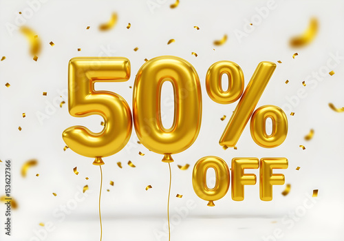 Golden 50 percent off text with floating balloons