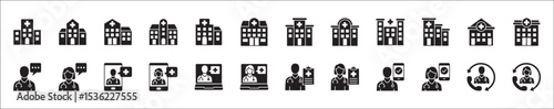Healthcare icon set. Doctor digital consulting icon. Icon set contains hospital, doctor, consultation, clinic, stethoscope, nurse, health insurance, family, emergency, service. Vector illustration.