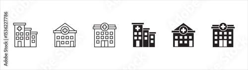 Hospital building icon set. Hospital and healthcare icon collection. Icon symbol of hospital buildings, medical house, medic, clinic, digital healthcare. Vector illustration