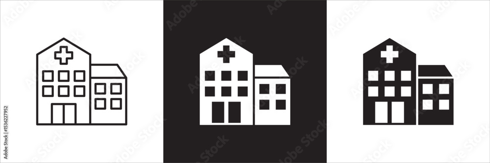 Hospital icon. Healthcare icon. Icon symbol of clinic, health center, hospital building, red cross, medication place. Vector illustration. Thin line and flat solid design. Hospital icon. Healthcare icon. Icon symbol of clinic, health center, hospital building, red cross, medication place. Vector illustration. Thin line and flat solid design.