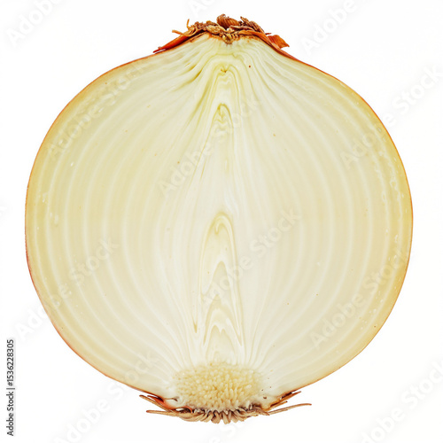 Sliced onion shows its inner layers in a cross section on white backdrop closeup food concept
