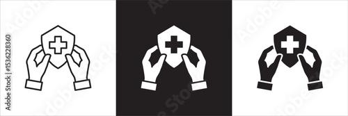 Healthcare icon set. Digital health care icon. Hands with cross medic symbol. Health insurance symbol. Icon symbol compatible for doctor, clinic, hospital, medical consultation. Vector illustration.