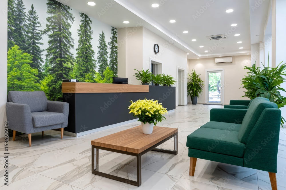 Fototapeta premium Modern hotel lobby with reception desk showing relaxing forest wallpaper