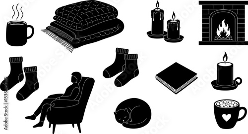 Cozy winter scene illustration with fireplace candles blanket cat socks and hot chocolate vector design editable stock vector illustration