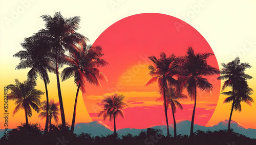 A vibrant sunset behind palm trees, casting beautiful silhouettes against the colorful sky.