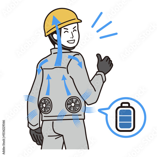 フル充電で稼働するファン付き作業服を着た、笑顔の男性　シンプルなイラスト