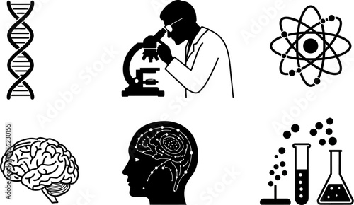 Science research and development vector illustration with dna atom brain and microscope images for study editable stock vector illustration