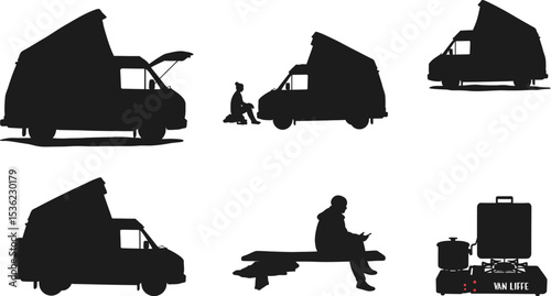 Van life silhouette campervan camping cooking travel lifestyle adventure roadtrip vacation rv vehicle tour 100 editable stock vector illustration