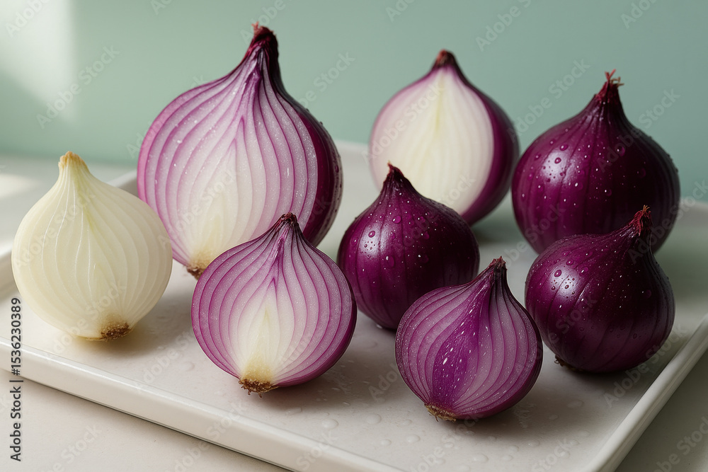 Fototapeta premium Freshly sliced red and white onions displayed on a light surface with water droplets, showcasing vibrant color and texture