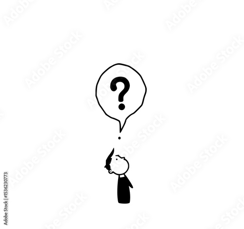 Question Mark Pondering: A simple black and white line art illustration depicts a curious character looking up at a question mark in a thought bubble, conveying contemplation and uncertainty.