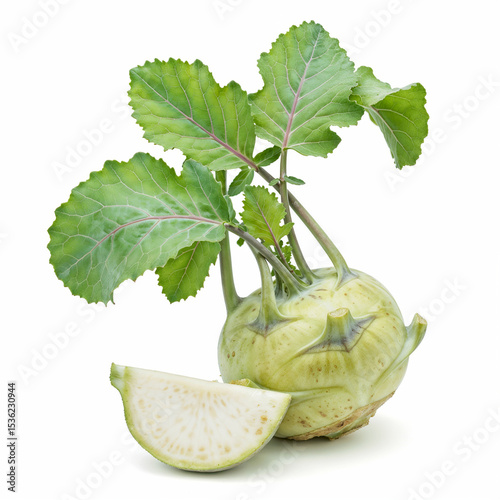 Fresh kohlrabi bulb with leaves is displayed alongside a cut slice on a clean white surface