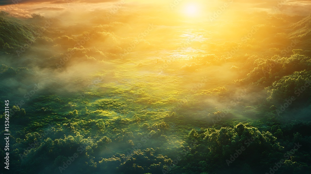 Fototapeta premium Aerial view of lush misty forest landscape