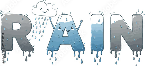 Rainy days cartoon illustration of rain drops and cloud with letters for weather forecast design idea editable stock vector illustration