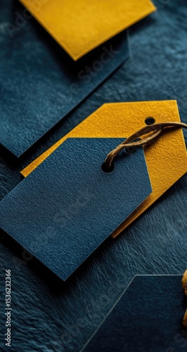 Close-up of navy blue and mustard yellow tags