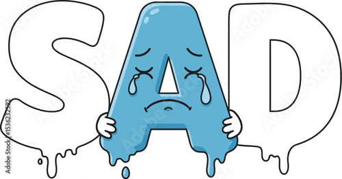 Sad cartoon illustration of the word sad with a crying letter a for mental health concepts editable stock vector illustration