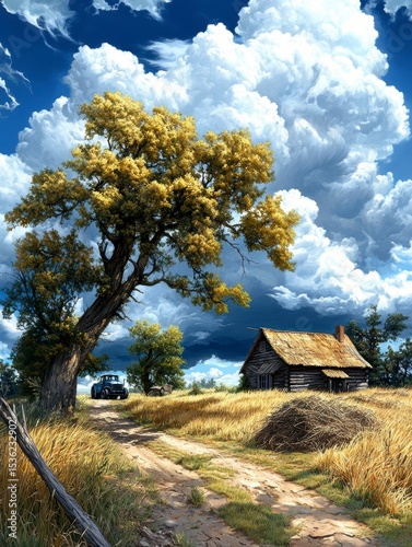 Rustic Countryside Landscape Farmhouse, Golden Field, and Dramatic Sky