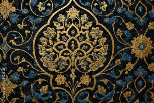 Decorative Islamic-style pattern in gold on navy black