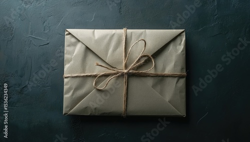 Wrapped package, kraft paper, twine, dark background